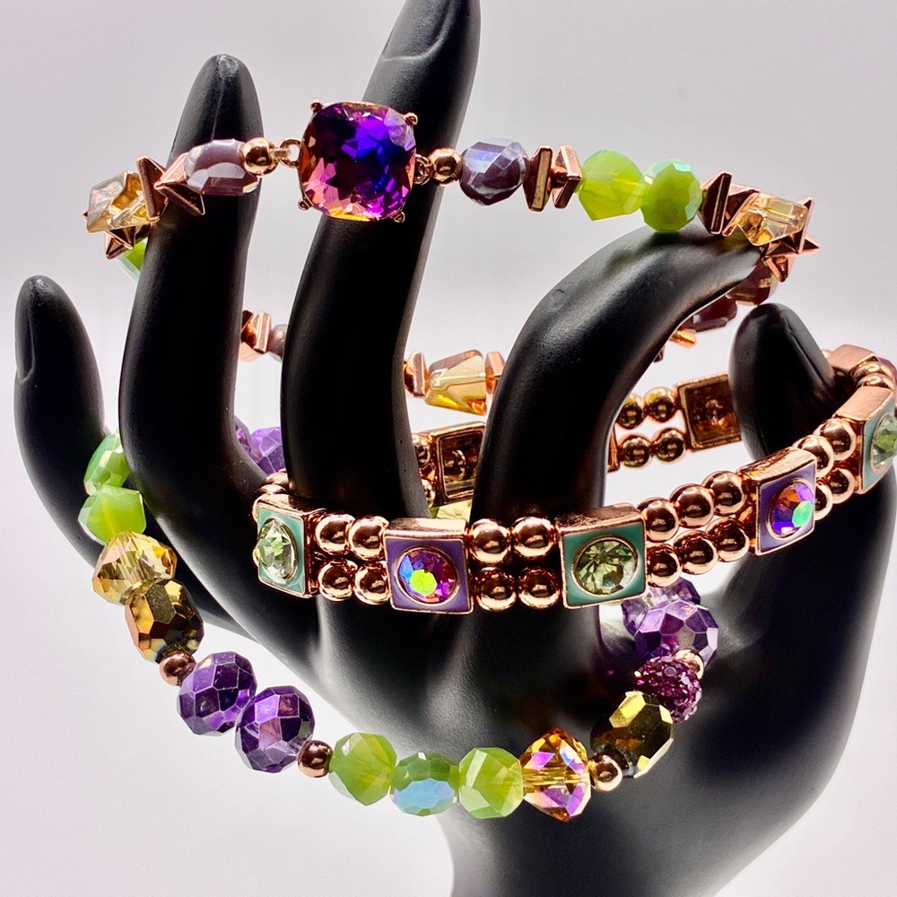 3 Rose Gold Plated Bracelets. Large Square Purple Focal Point Stone